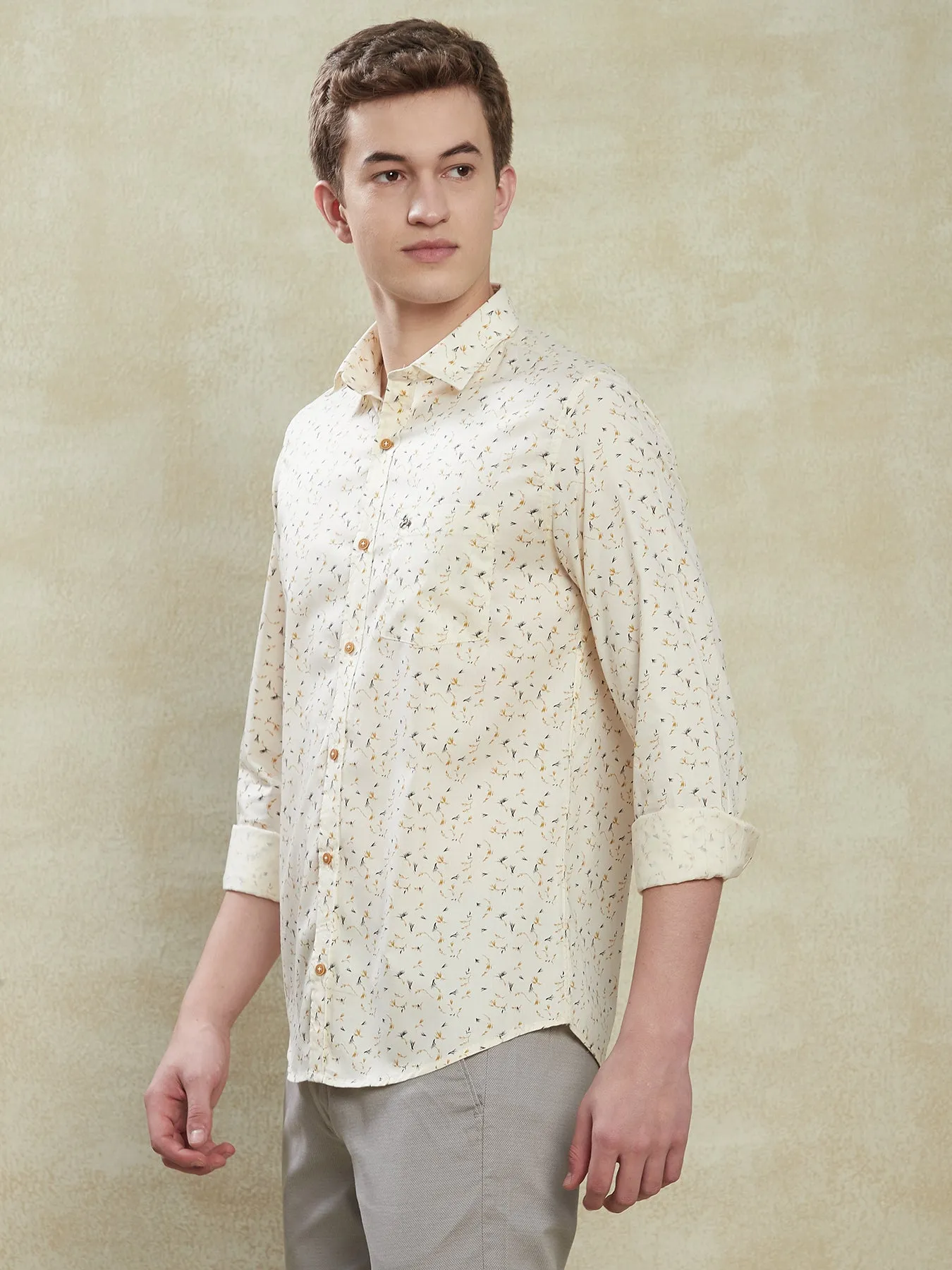 100% Cotton Beige Printed Slim Fit Full Sleeve Casual Shirt