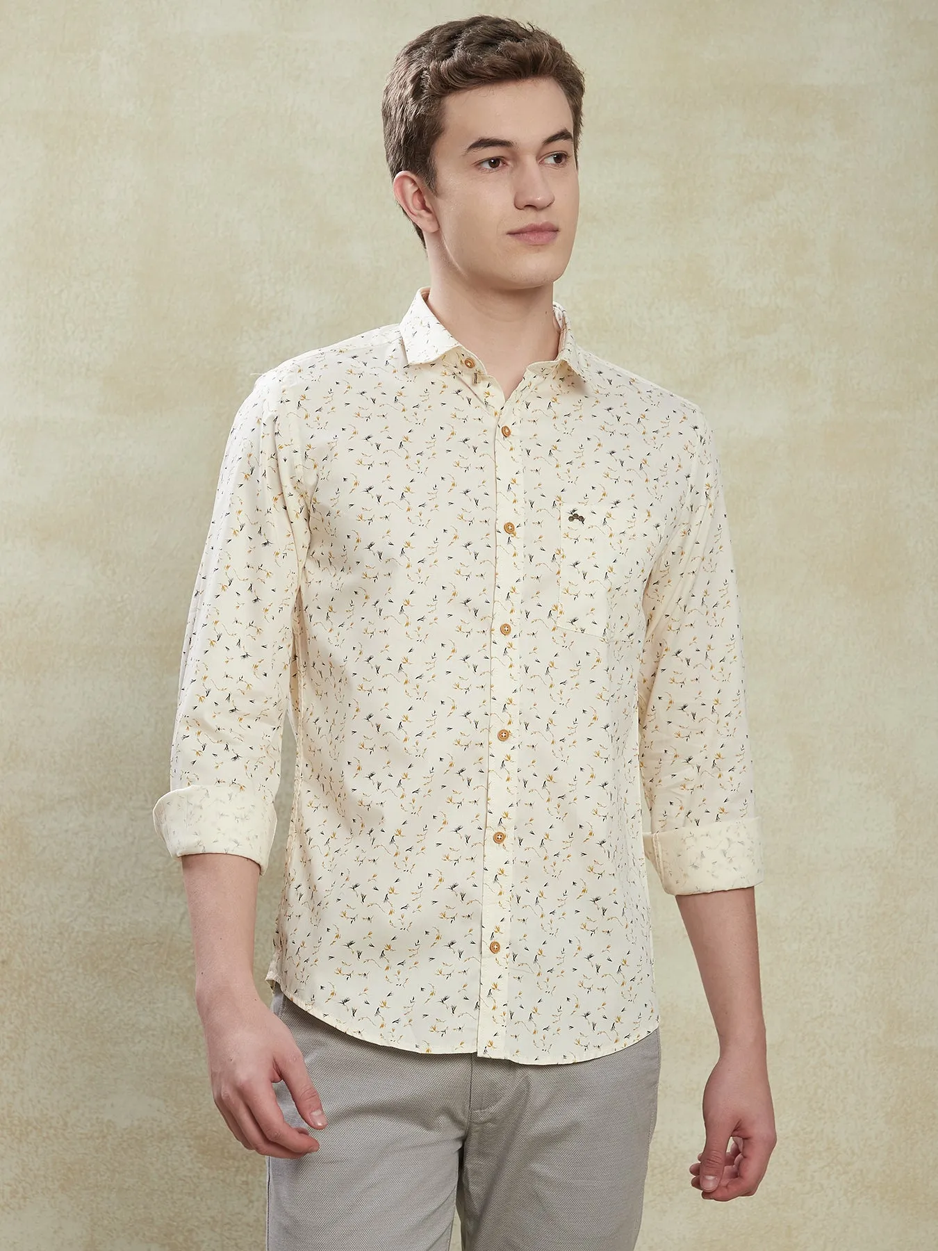 100% Cotton Beige Printed Slim Fit Full Sleeve Casual Shirt