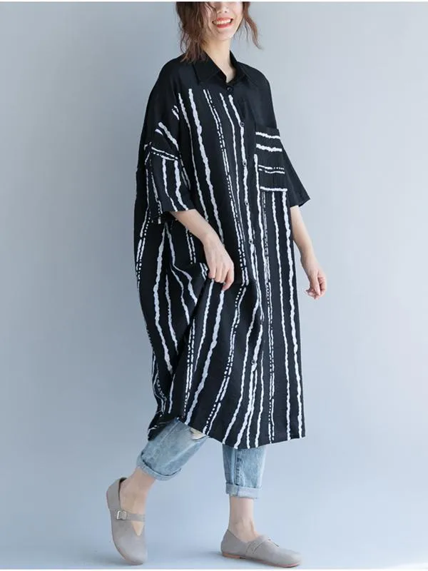 2018 Stripe Linen Cotton Loose Shirt Dress