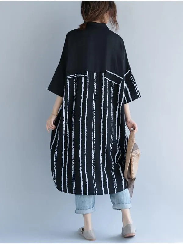 2018 Stripe Linen Cotton Loose Shirt Dress