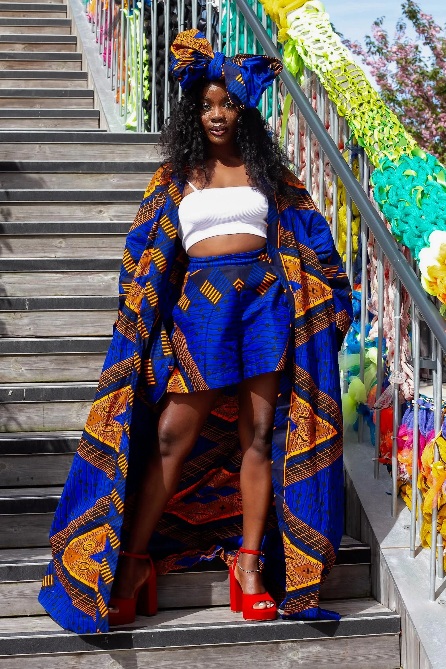 2pcs African Print Maxi Kimono and Shorts Set - Kaye