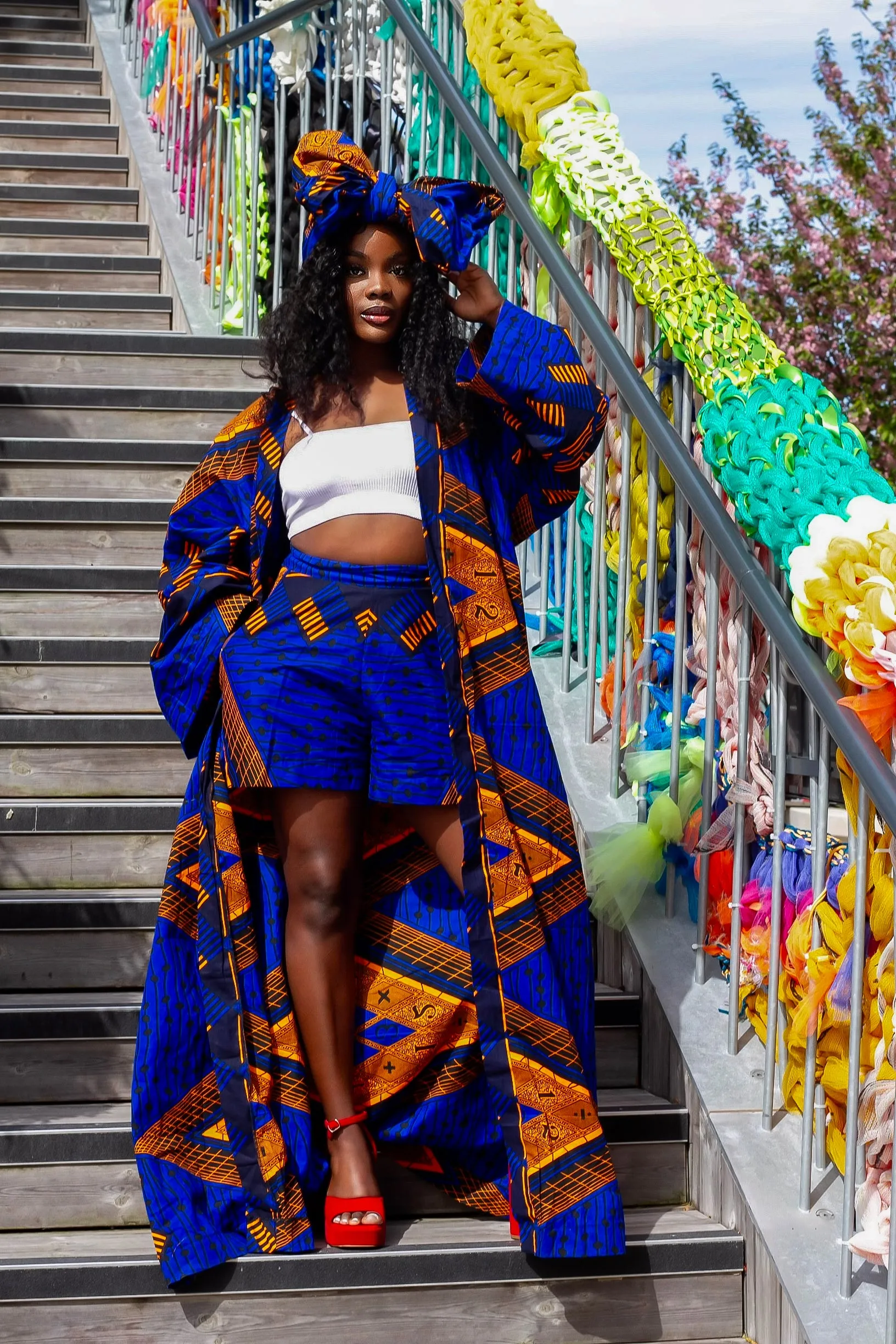 2pcs African Print Maxi Kimono and Shorts Set - Kaye