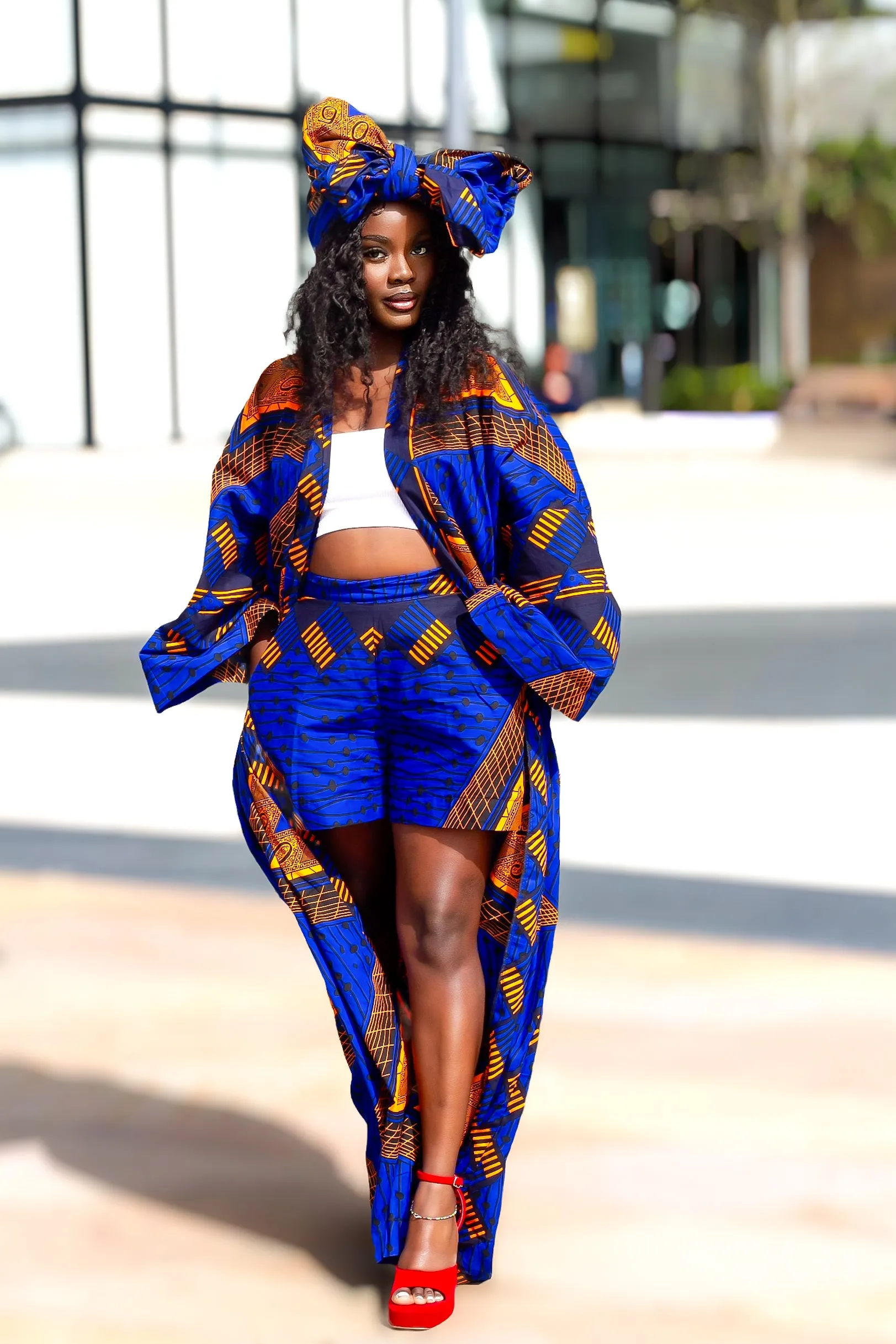 2pcs African Print Maxi Kimono and Shorts Set - Kaye