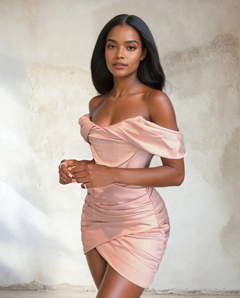 A&A Luxe Satin Off The Shoulder Mini Bodycon Dress