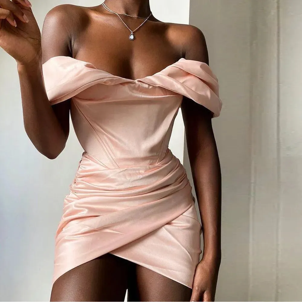 A&A Luxe Satin Off The Shoulder Mini Bodycon Dress