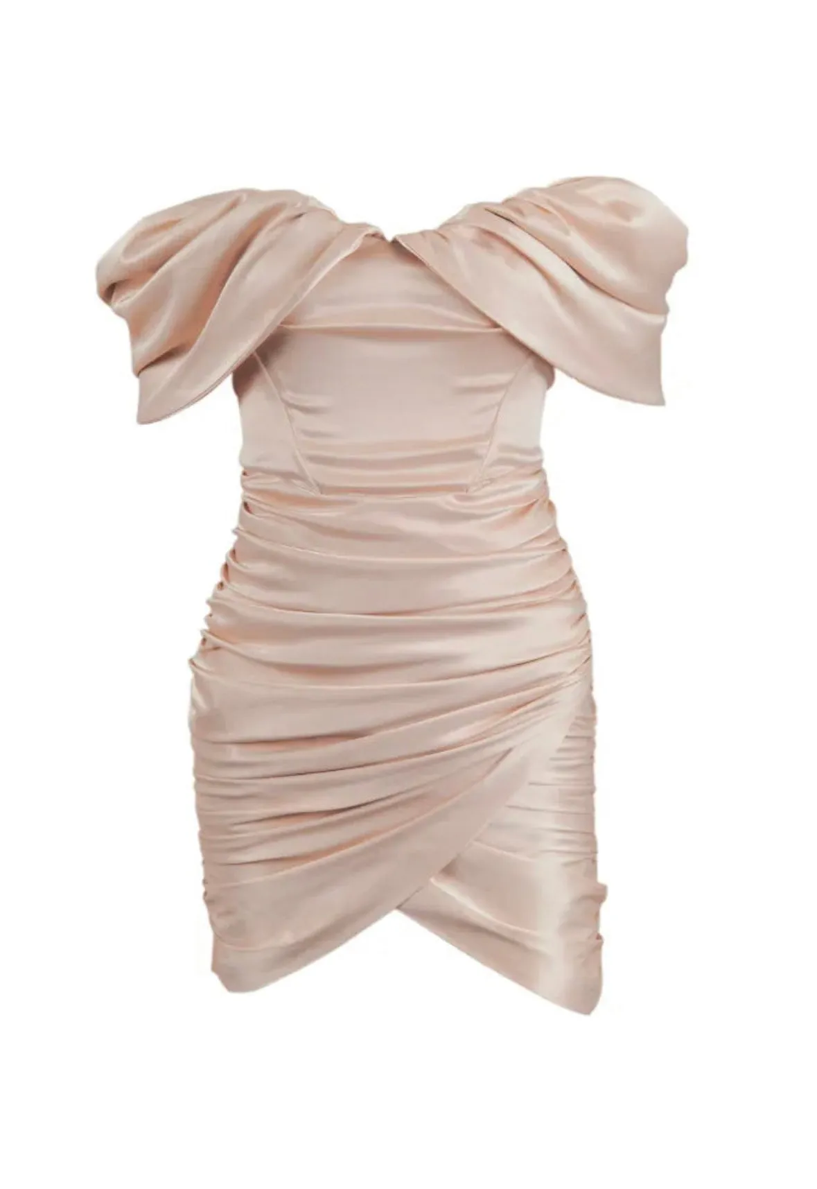 A&A Luxe Satin Off The Shoulder Mini Bodycon Dress