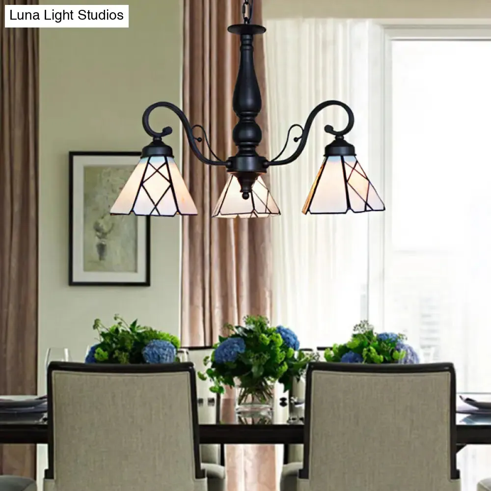 Adjustable Stained Glass Cone Chandelier with Traditional Pendant Light - 3 Lights and Rhombus/Leaf Detailing in Beige