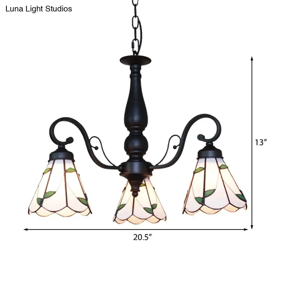 Adjustable Stained Glass Cone Chandelier with Traditional Pendant Light - 3 Lights and Rhombus/Leaf Detailing in Beige