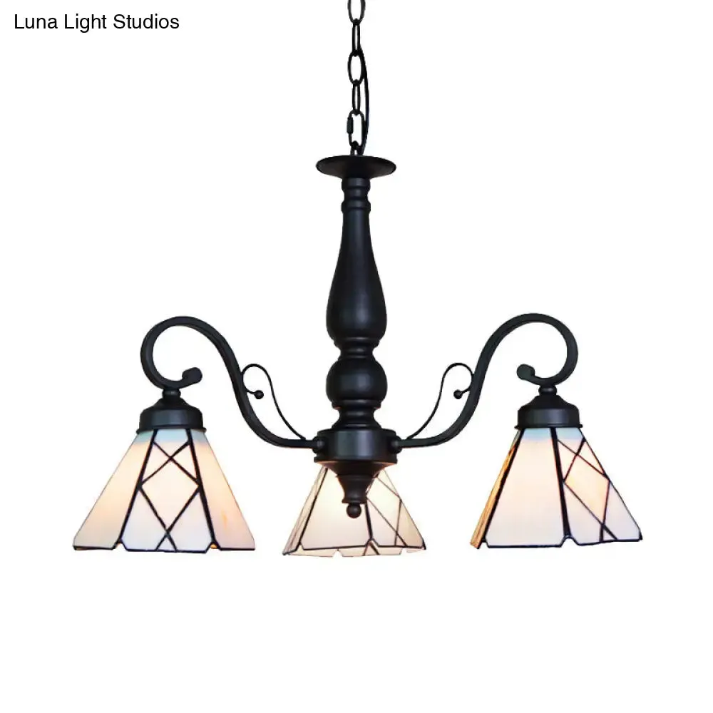 Adjustable Stained Glass Cone Chandelier with Traditional Pendant Light - 3 Lights and Rhombus/Leaf Detailing in Beige