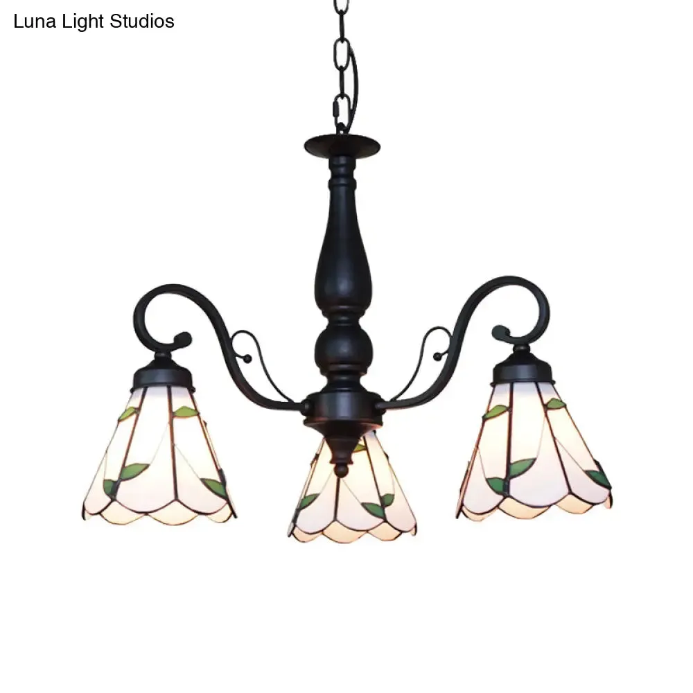 Adjustable Stained Glass Cone Chandelier with Traditional Pendant Light - 3 Lights and Rhombus/Leaf Detailing in Beige