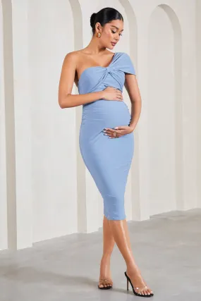 Admired | Cornflower Blue Ruched One-Shoulder Maternity Midi Dress