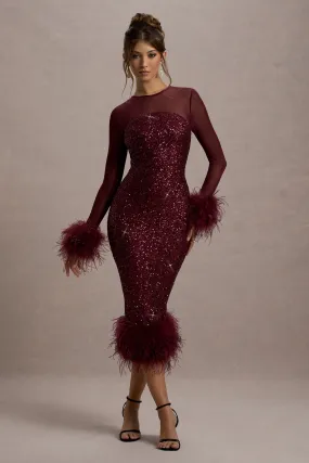 Afterglow | Port Sequin Long-Sleeve Midi Dress With Feather Trims