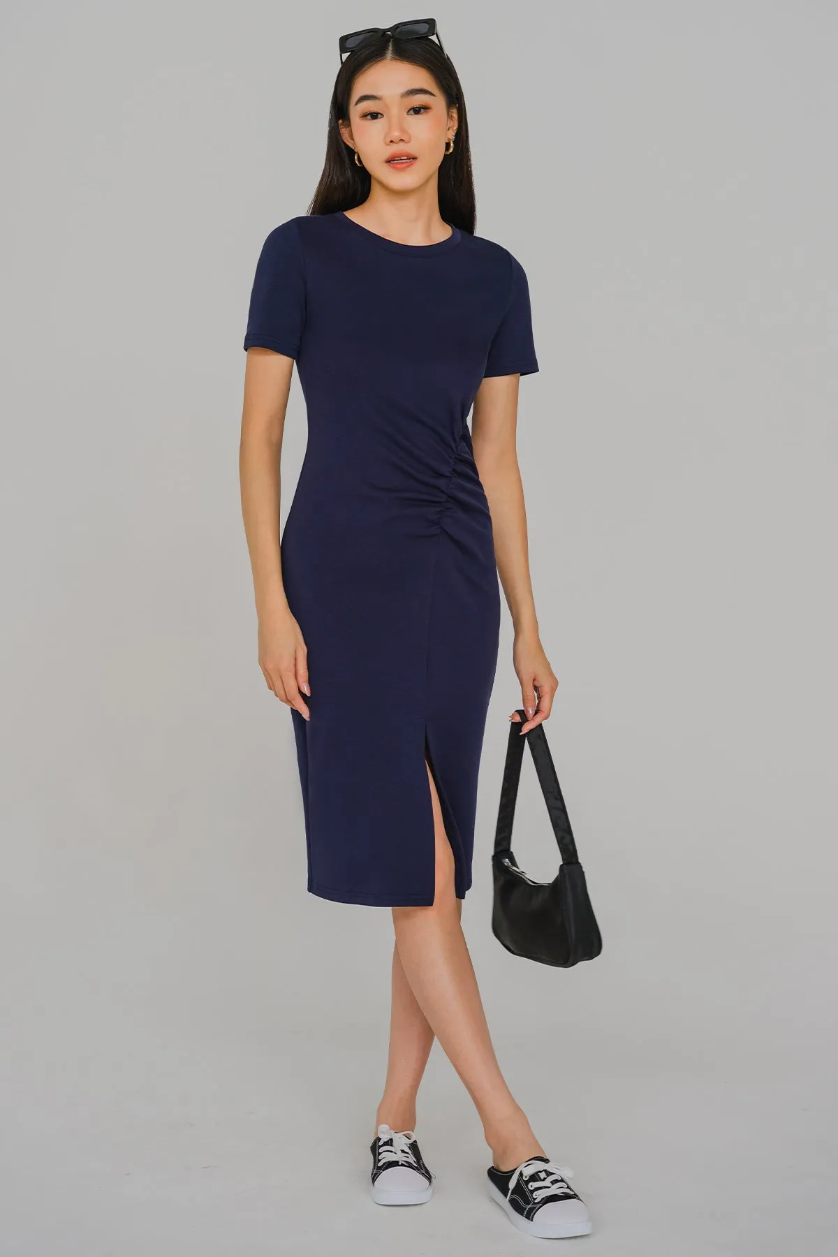 All-day Ruched Midi Dress (Navy)