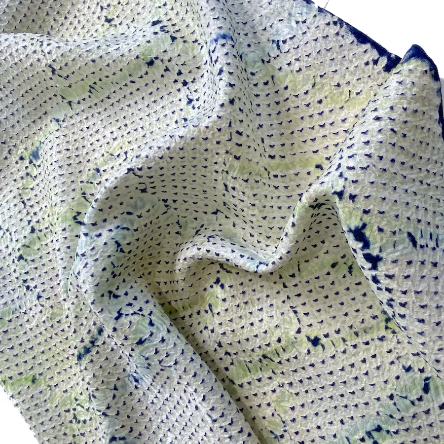 All-Shibori Vintage Kimono Silk Piece, Lime/Off-White/Indigo, from Japan, 6" x 53"  Item #239