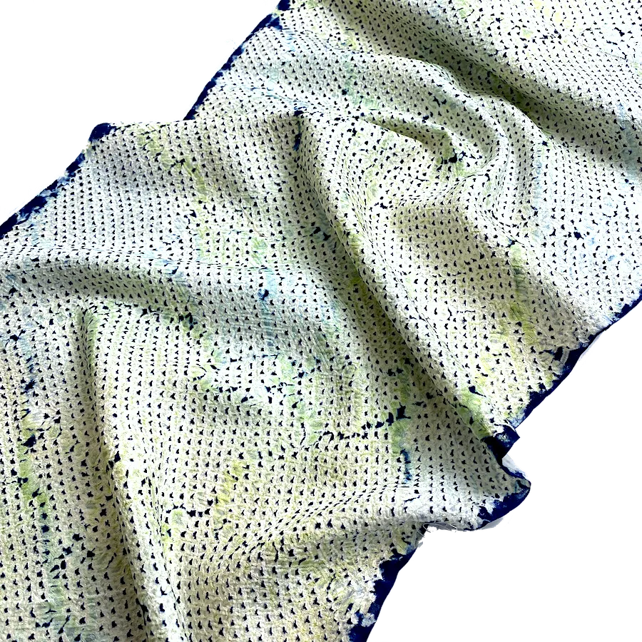 All-Shibori Vintage Kimono Silk Piece, Lime/Off-White/Indigo, from Japan, 6" x 53"  Item #239