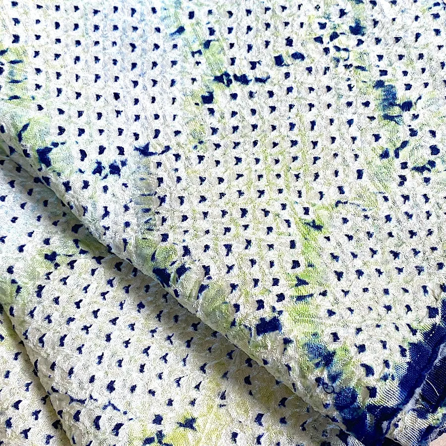 All-Shibori Vintage Kimono Silk Piece, Lime/Off-White/Indigo, from Japan, 6" x 53"  Item #239