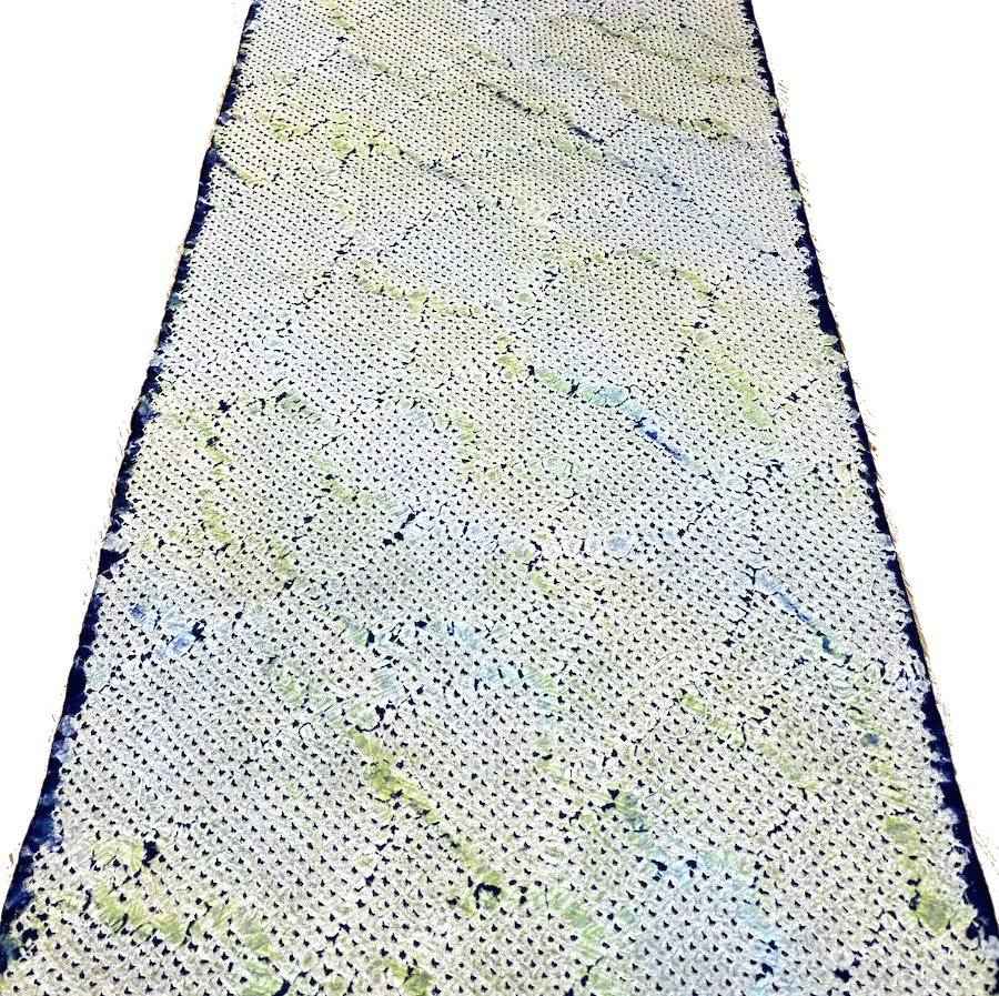 All-Shibori Vintage Kimono Silk Piece, Lime/Off-White/Indigo, from Japan, 6" x 53"  Item #239