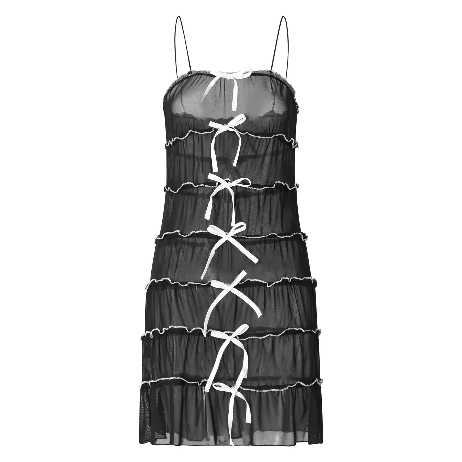 Amozae-hoco dresses -Women Y2k Sheer Mesh Mini Dress Sexy Spaghetti Strap Tie-up Bodycon Pleated Dress Summer Going Out Sling Party Dress Streetwear