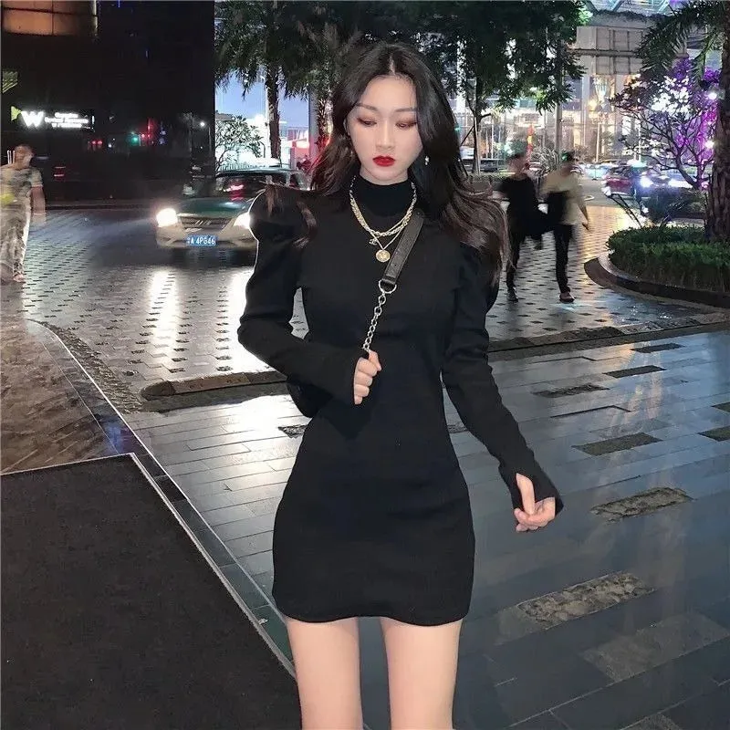 Autumn Knitted One-piece Dress Korean Women Winter Warm Puff Long Sleeve Sexy Mini Dress Bodycon Black Dresses Kpop