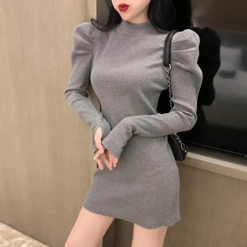 Autumn Knitted One-piece Dress Korean Women Winter Warm Puff Long Sleeve Sexy Mini Dress Bodycon Black Dresses Kpop