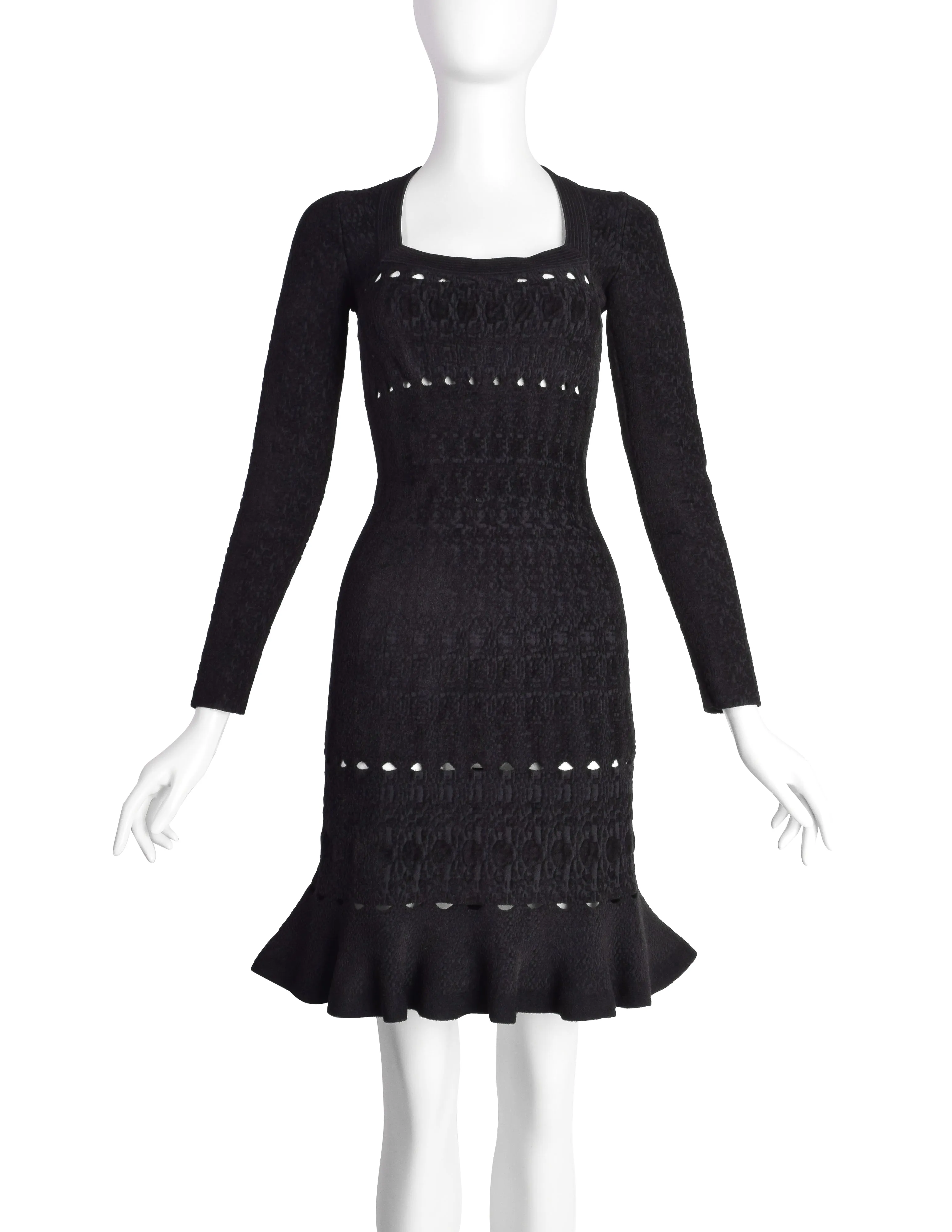 Azzedine Alaia AW 2009 Black Chenille Jacquard Ruffle Bodycon Dress