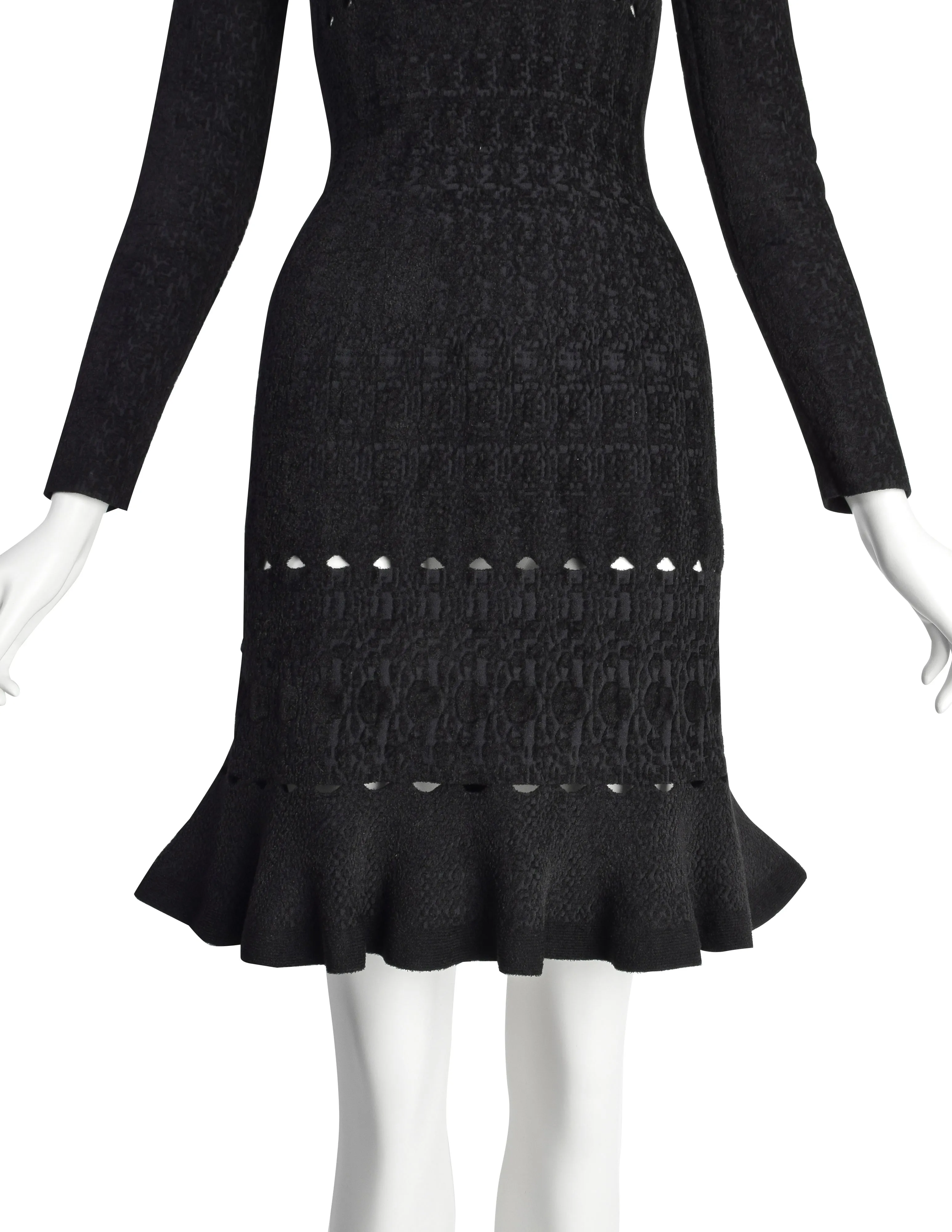 Azzedine Alaia AW 2009 Black Chenille Jacquard Ruffle Bodycon Dress