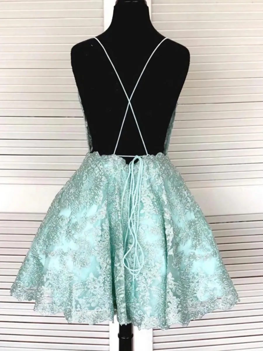 Backless Short Mint Green Lace Prom with Straps, Graduation Homecoming Dresses