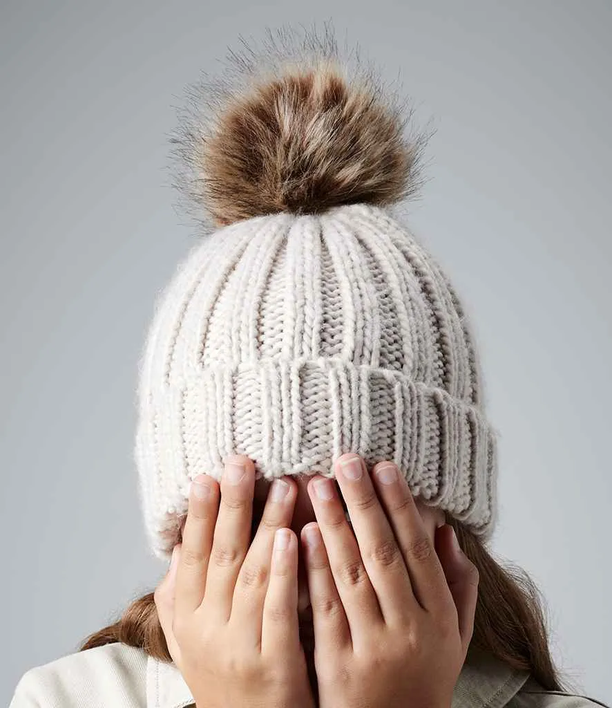 BB412B - Beechfield Junior Faux Fur Pom Pom Chunky Beanie