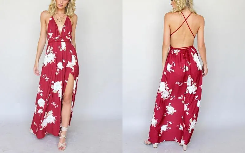 Beach fashion Sexy Backless Long Print Dress V-neck Dress 2018