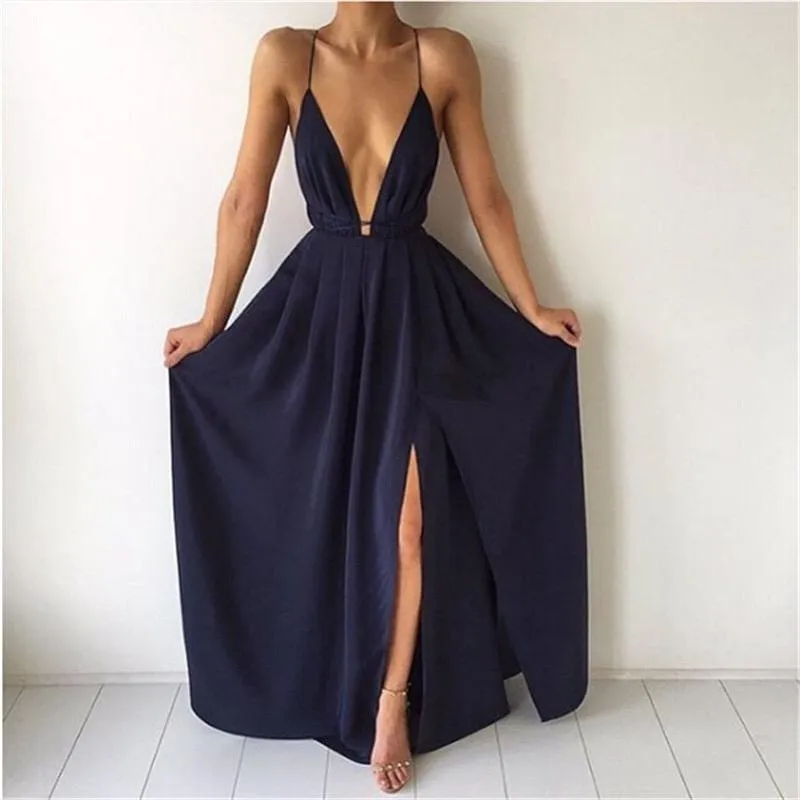 Beach fashion Sexy Backless Long Print Dress V-neck Dress 2018