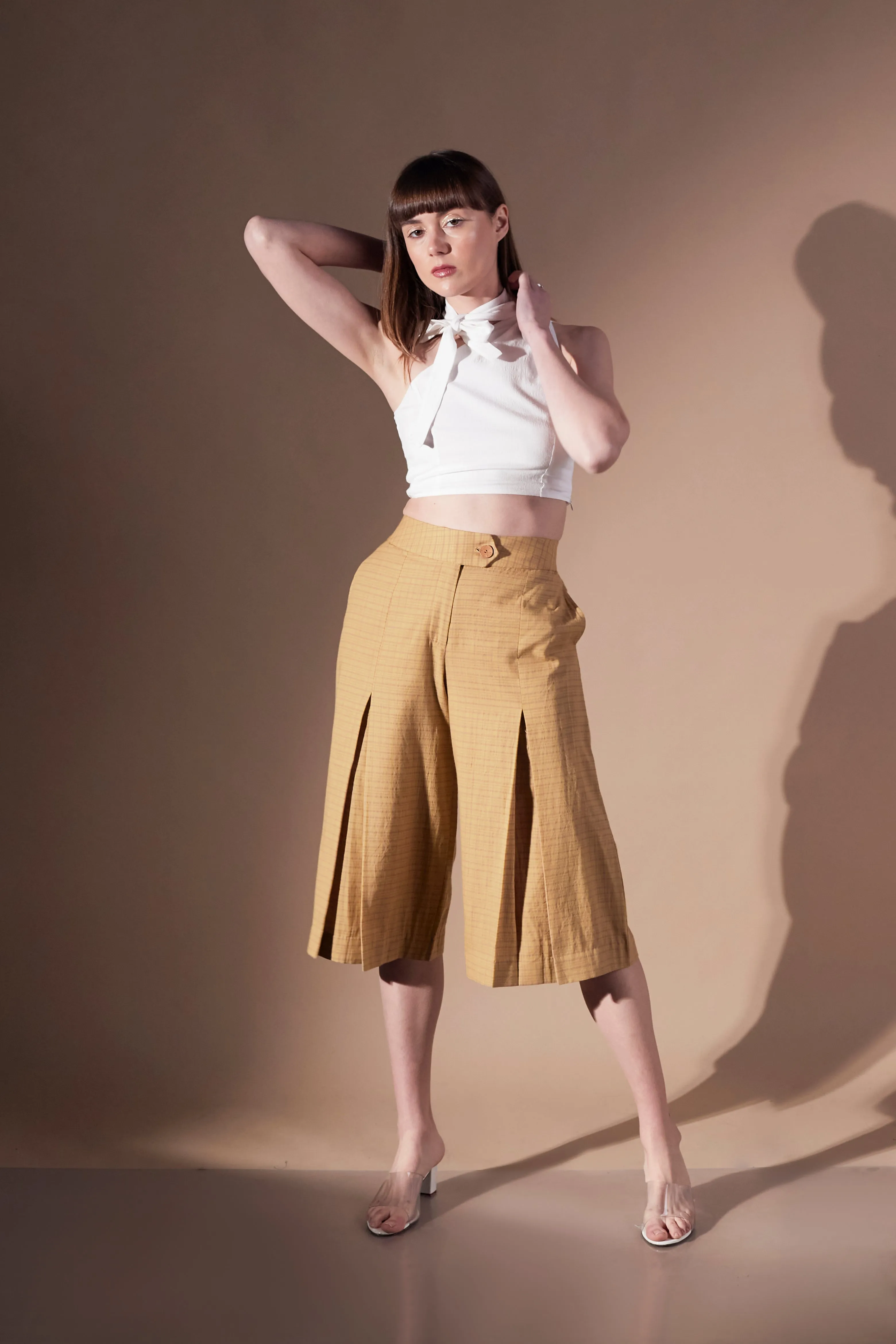 Beige Cotton Comfort fit Culottes for Women