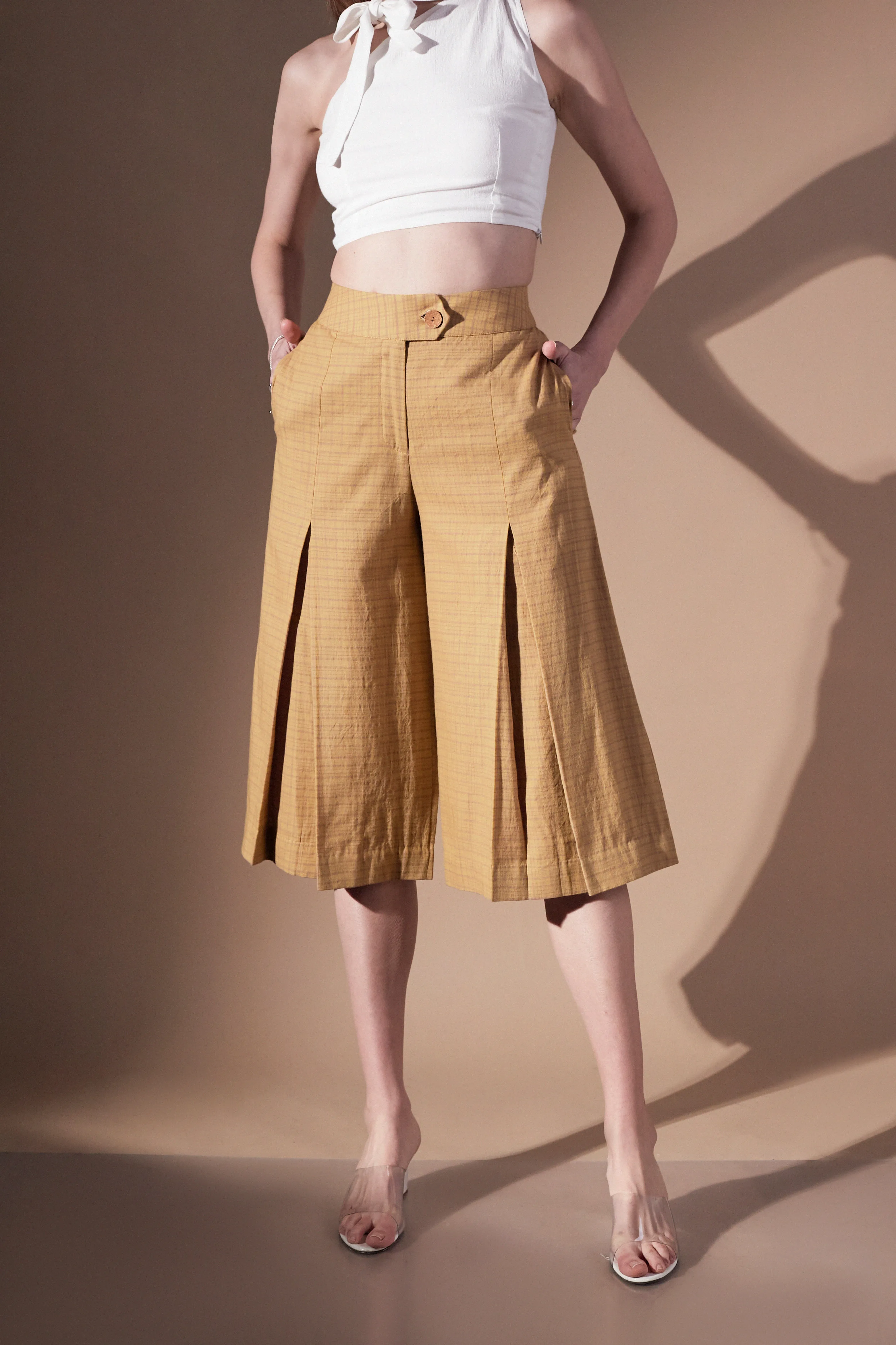 Beige Cotton Comfort fit Culottes for Women