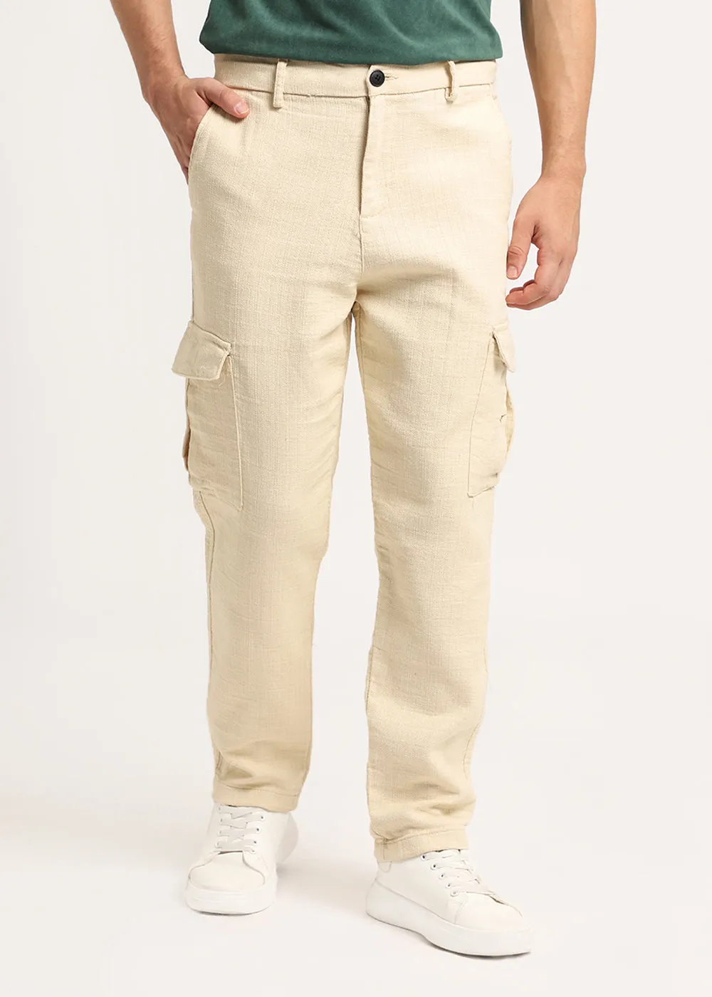 Beige Linen Cargo Pants