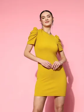 Berrylush Women Solid Yellow Round Neck Puff Sleeves Straight Hem Knitted Bodycon Mini Dress