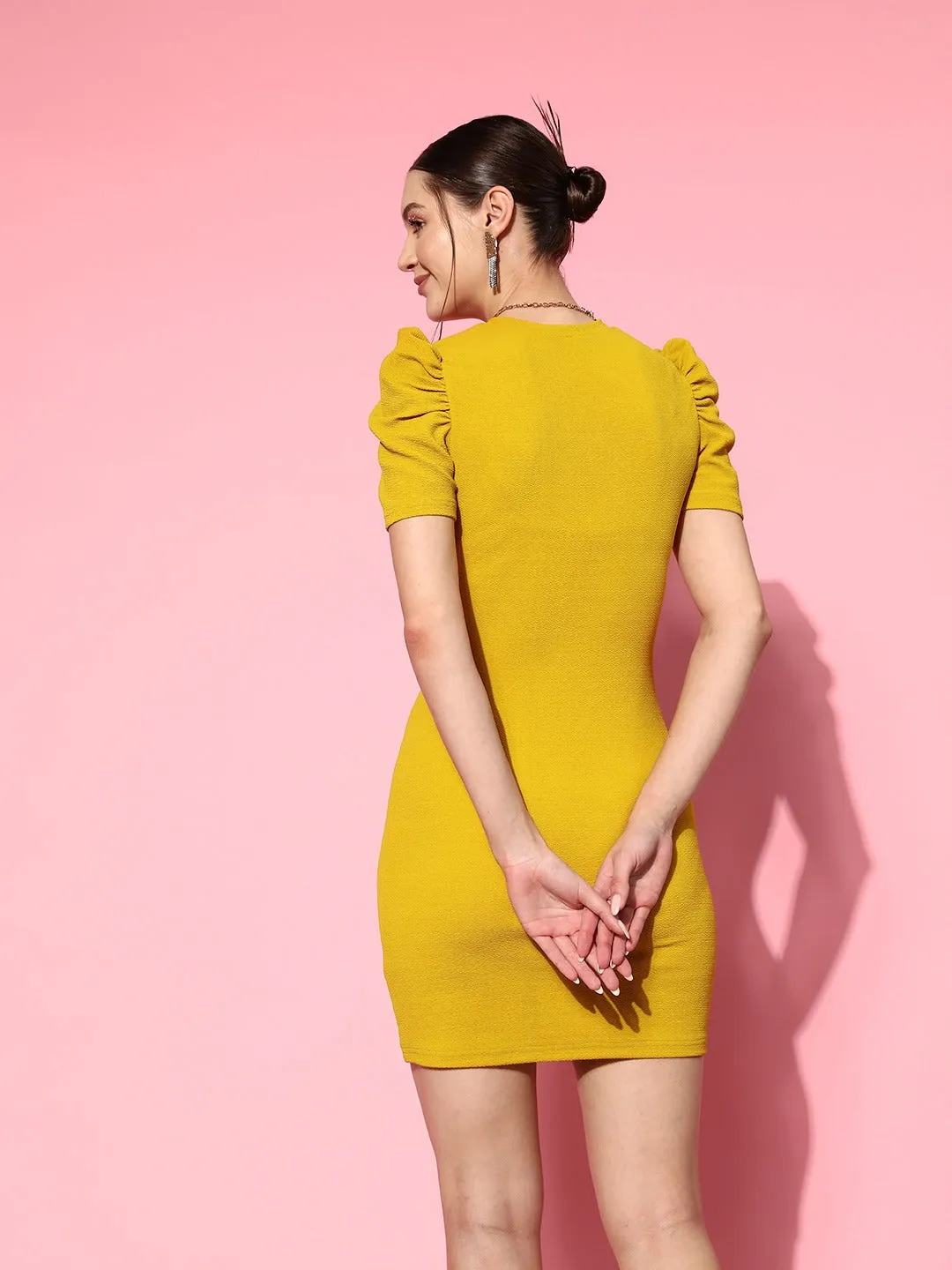 Berrylush Women Solid Yellow Round Neck Puff Sleeves Straight Hem Knitted Bodycon Mini Dress