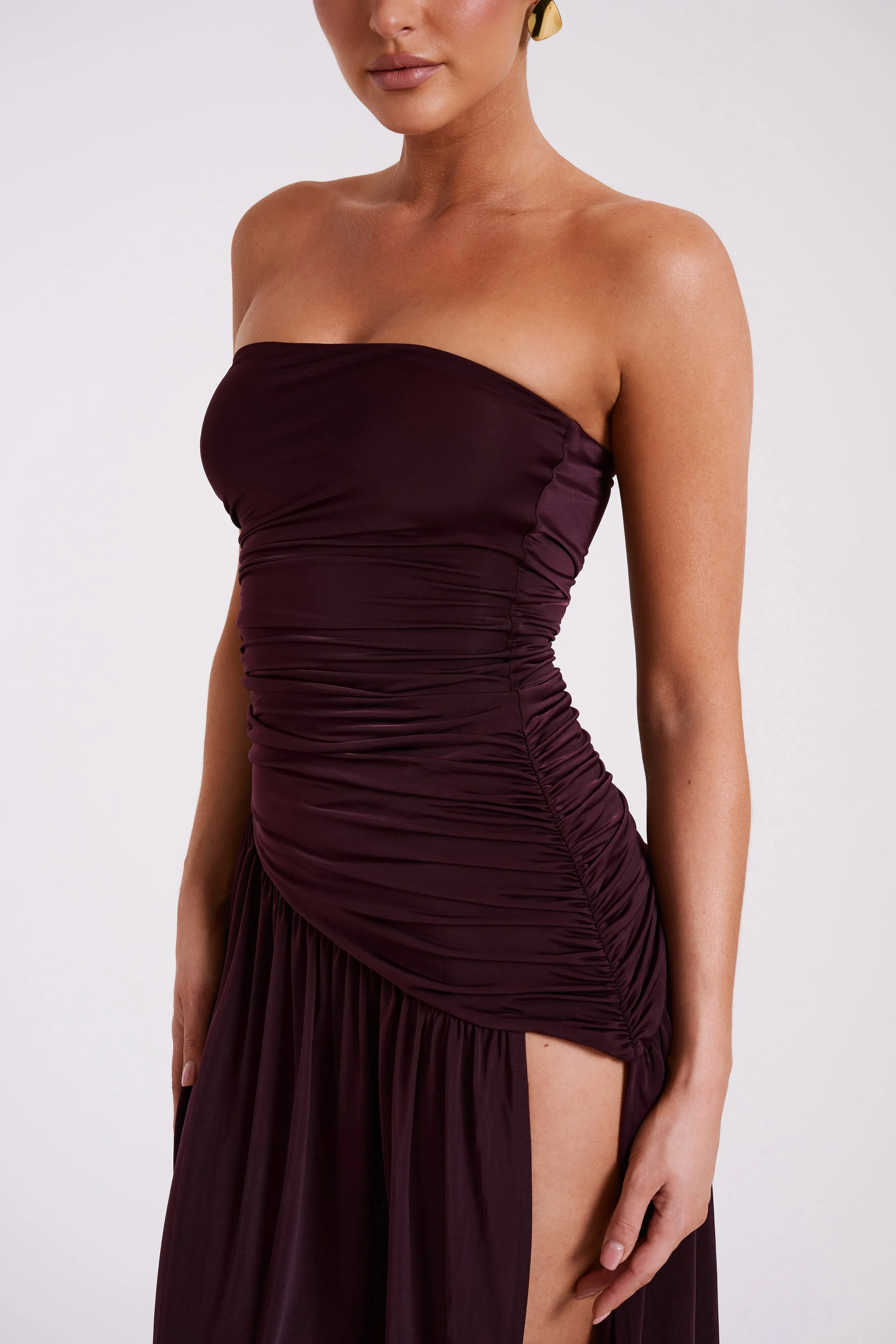 Bex Strapless Slinky Maxi Dress With Split - Burgundy