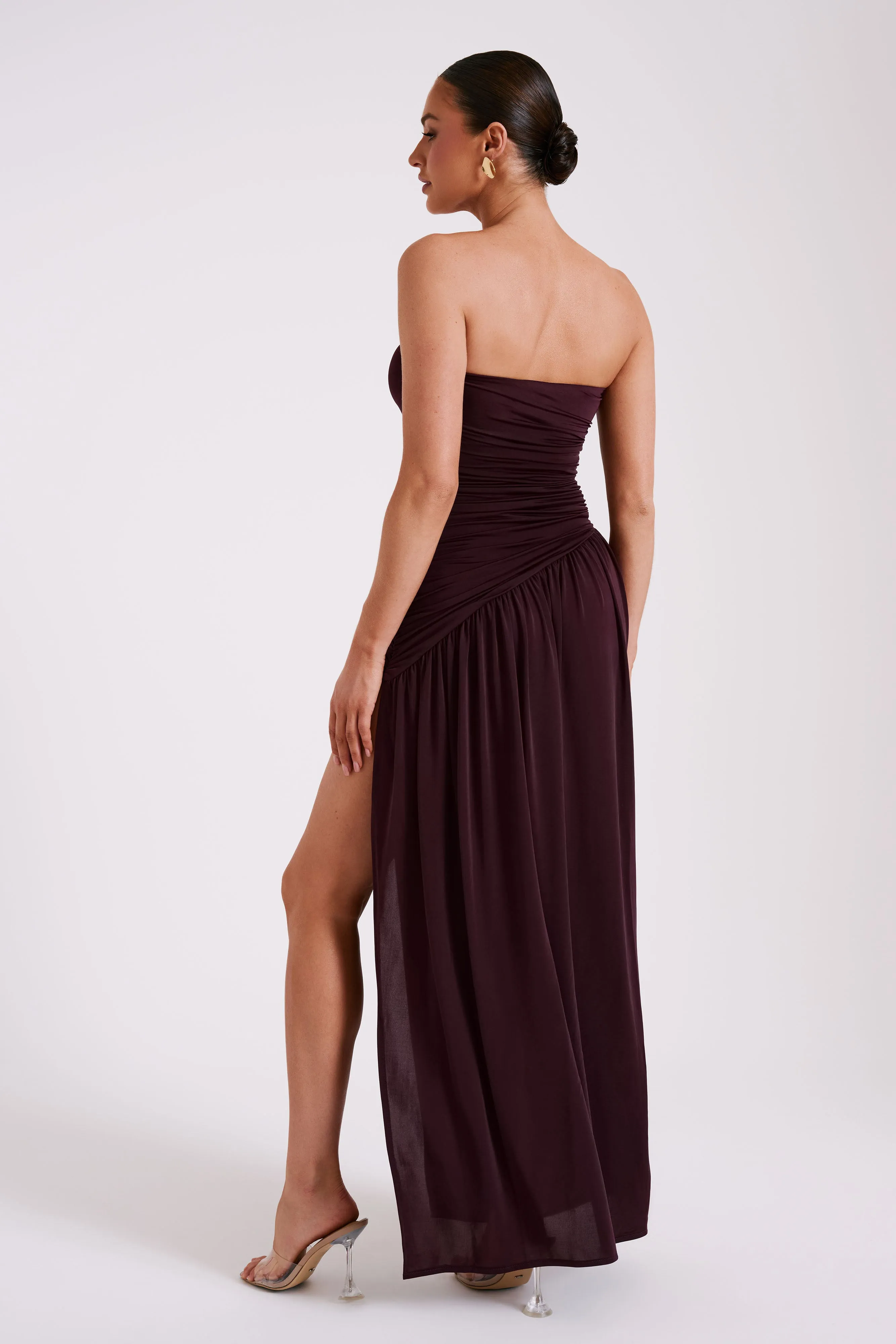 Bex Strapless Slinky Maxi Dress With Split - Burgundy