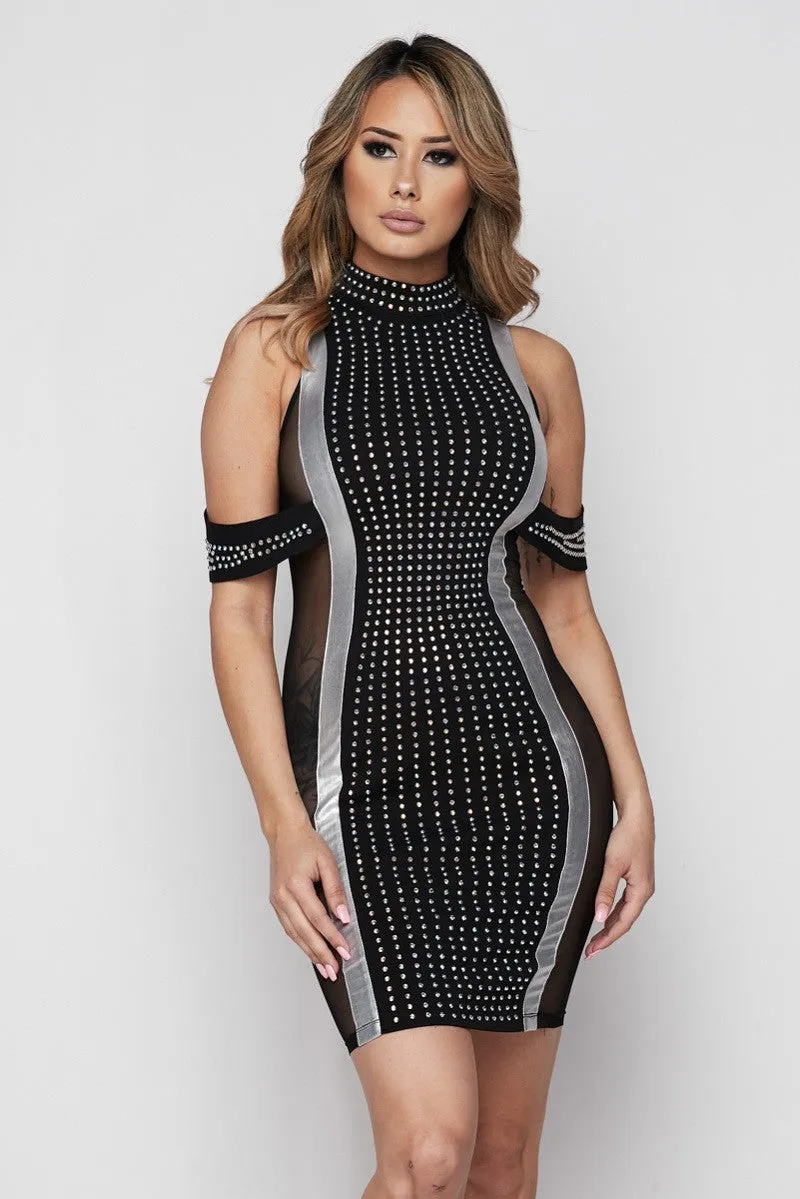 Black Iridescent Silver Rhinestone Studded Sleeveless Dress