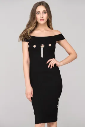 Black Off the shoulder Bodycon Ring Midi Dress