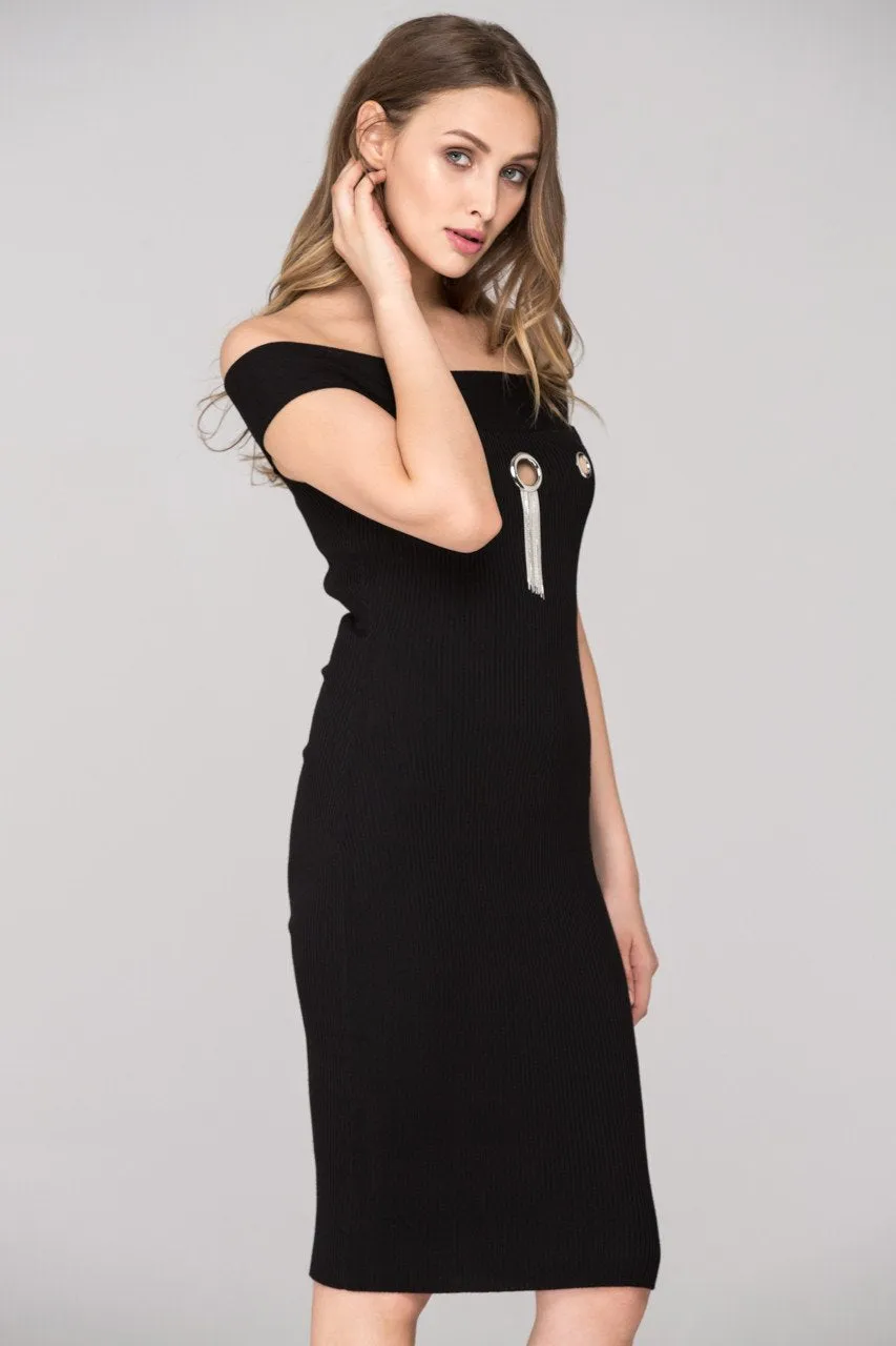 Black Off the shoulder Bodycon Ring Midi Dress