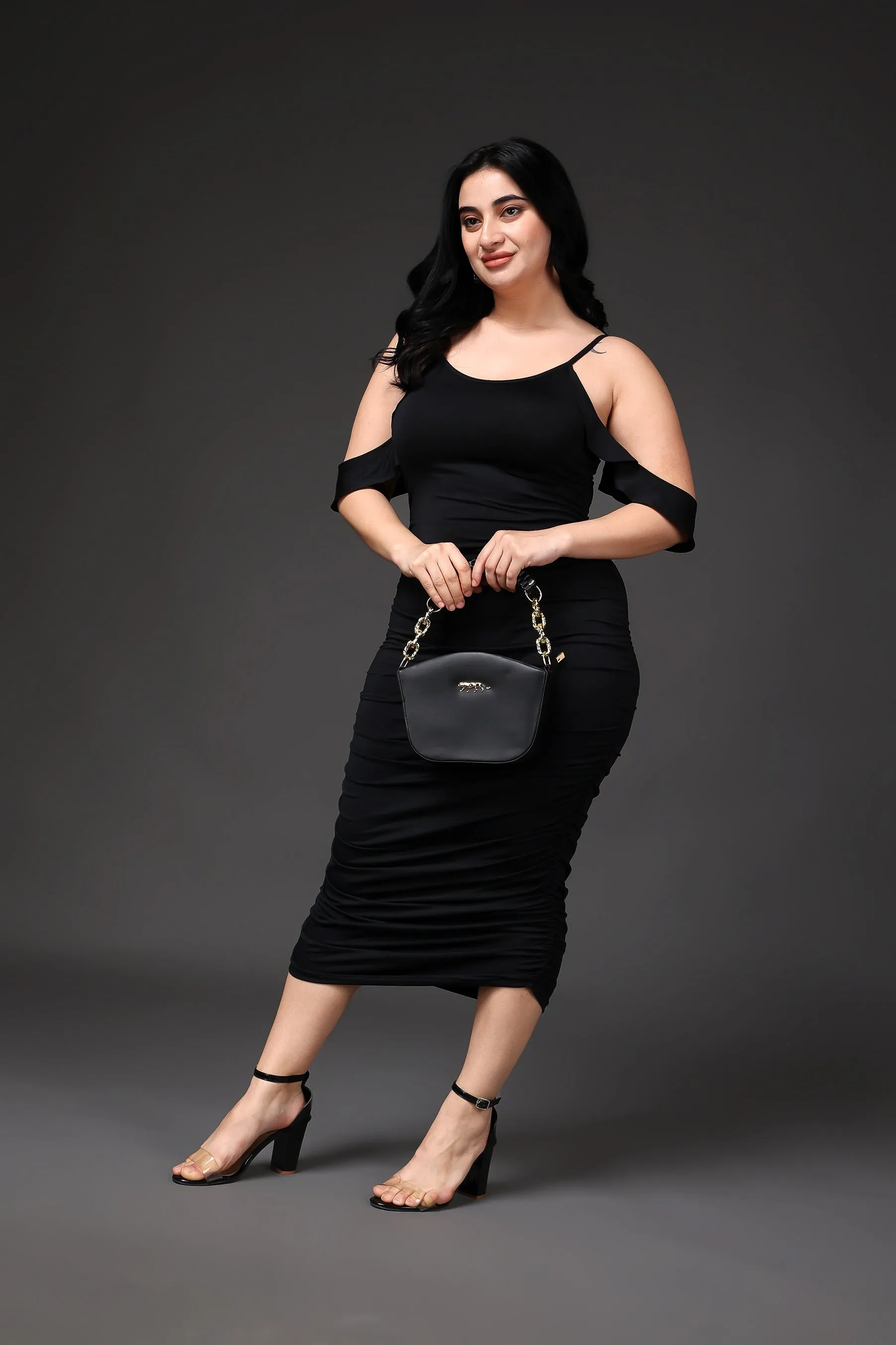 Black Solid Cold Shoulder Bodycon Dress