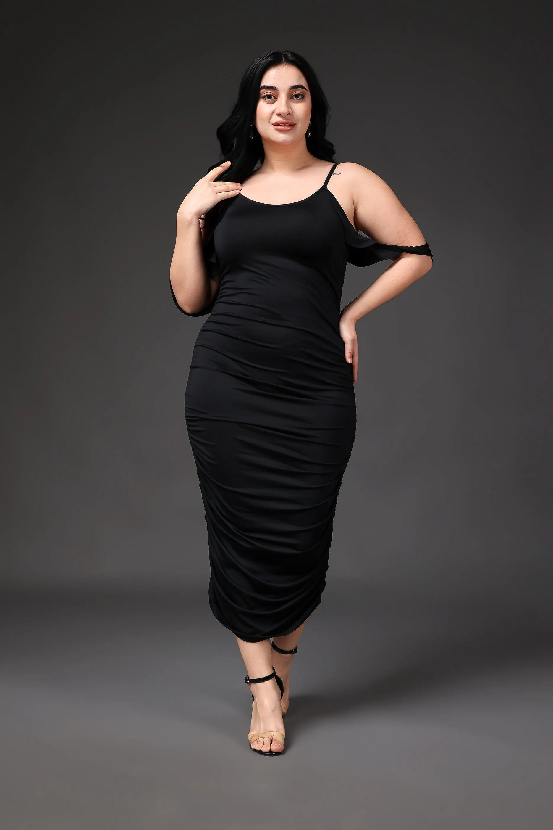 Black Solid Cold Shoulder Bodycon Dress