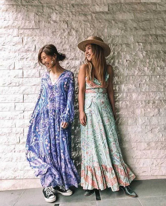 Bohemian Floral Long Sleeve V-neck Button Maxi Loose Dress