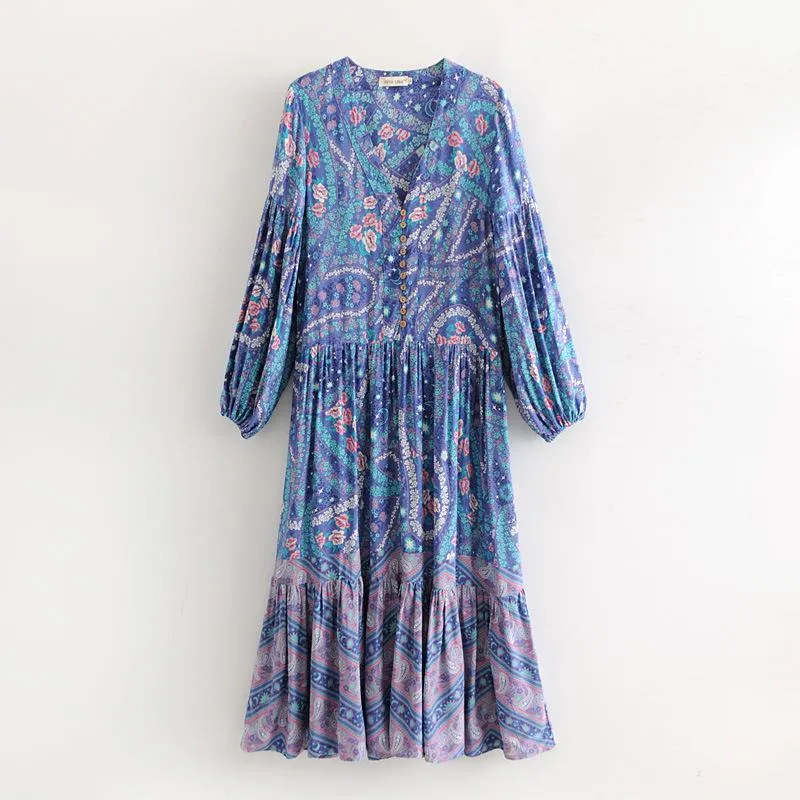 Bohemian Floral Long Sleeve V-neck Button Maxi Loose Dress