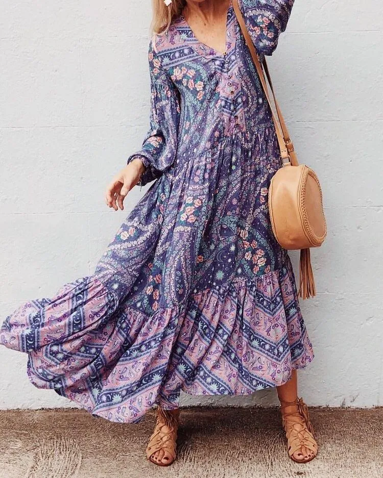 Bohemian Floral Long Sleeve V-neck Button Maxi Loose Dress