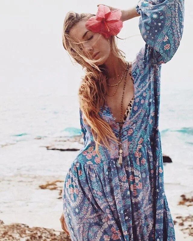 Bohemian Floral Long Sleeve V-neck Button Maxi Loose Dress