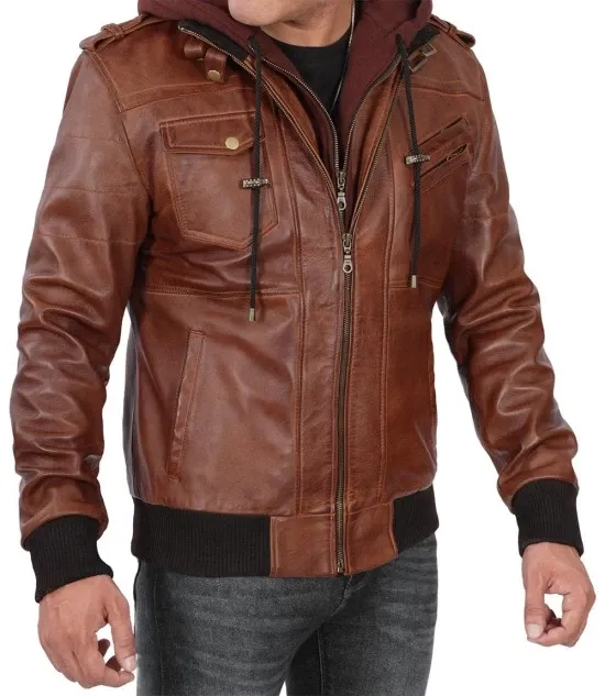 Bomber Brown Leather Jacket With Hood