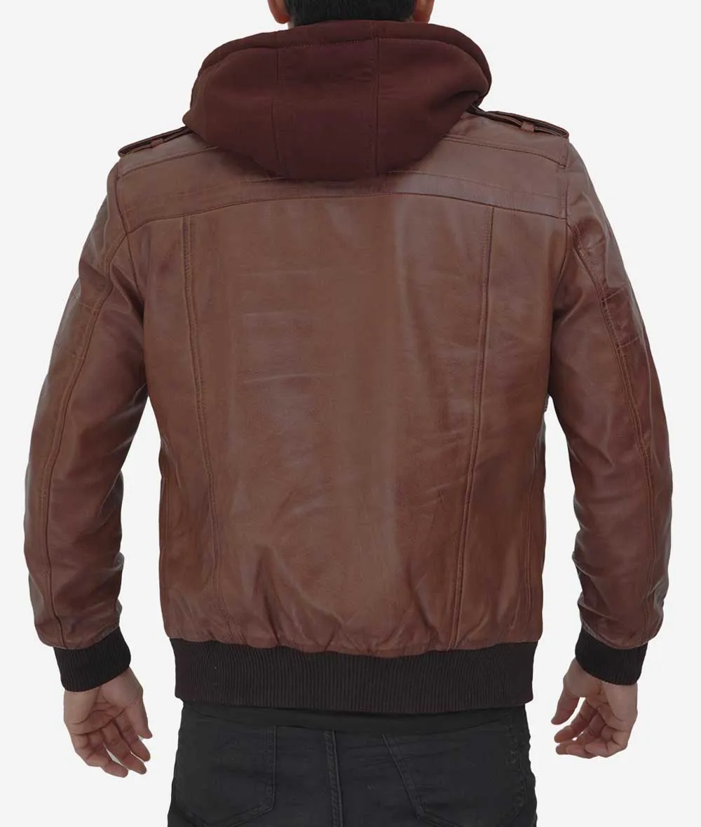 Bomber Brown Leather Jacket With Hood