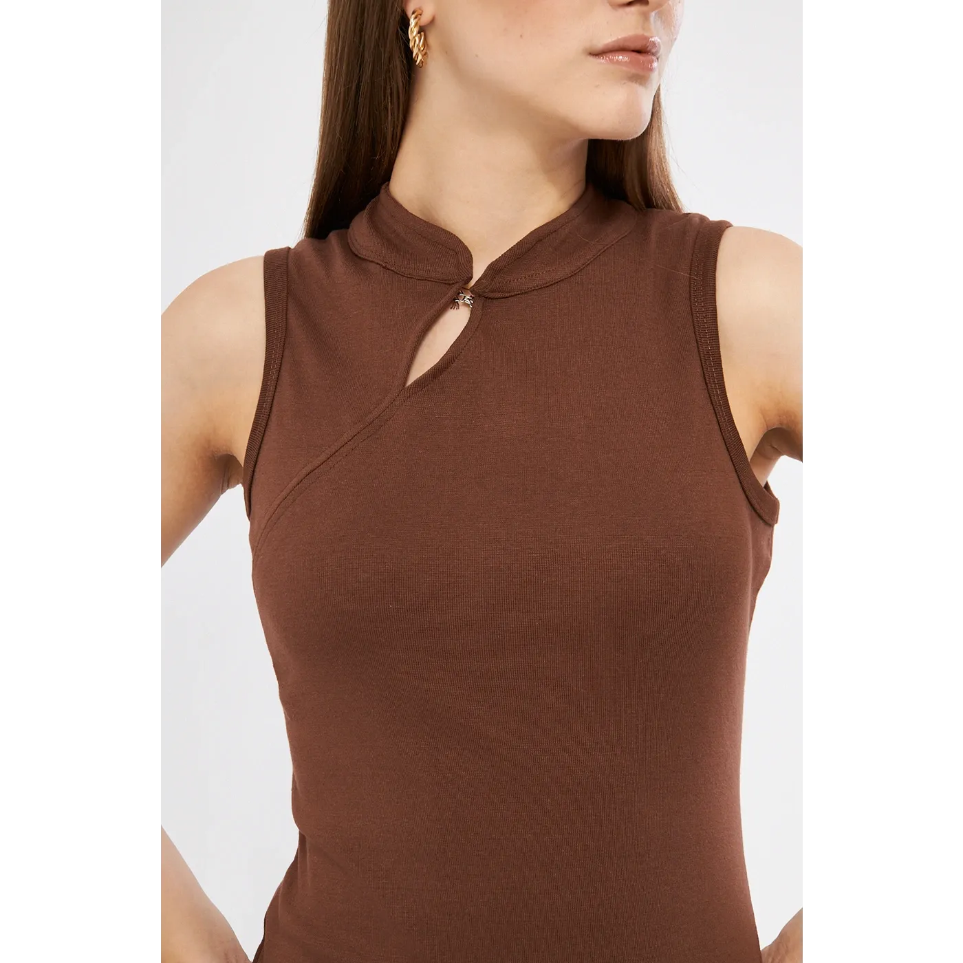 Brown Slit Neck Bodycon Dress