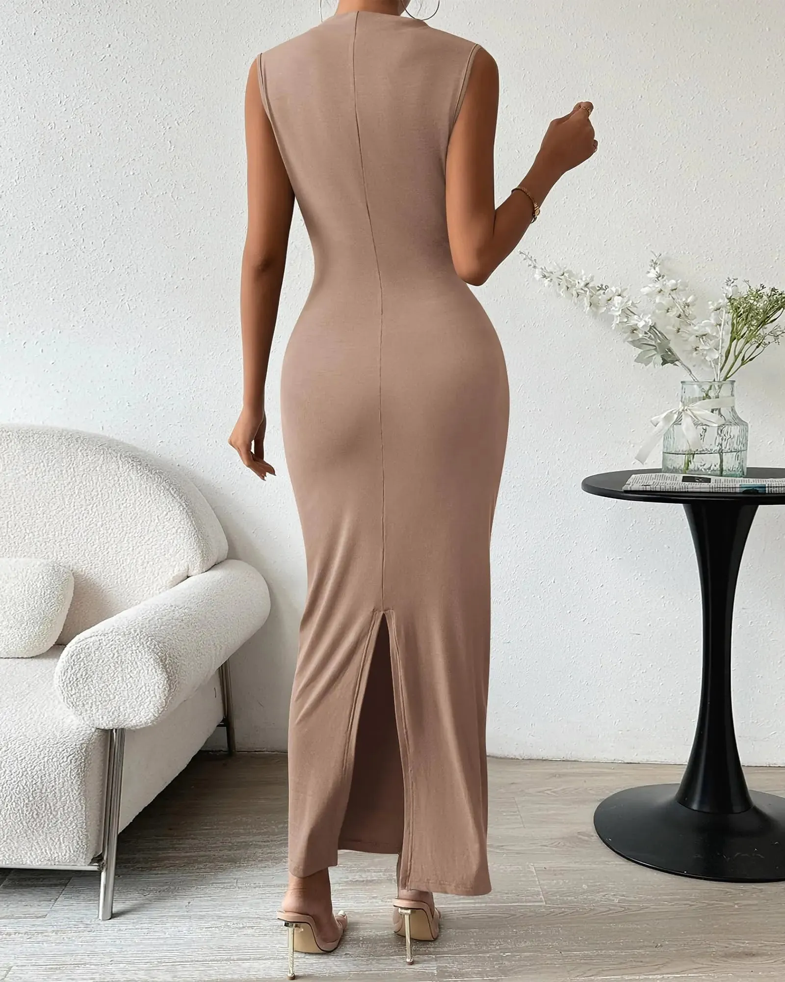 BTFBM Women's Ruched Bodycon Dress Summer Casual Sleeveless Back Slit Elegant Club Evening Party Cocktail Maxi Dresses Small Solid Khaki